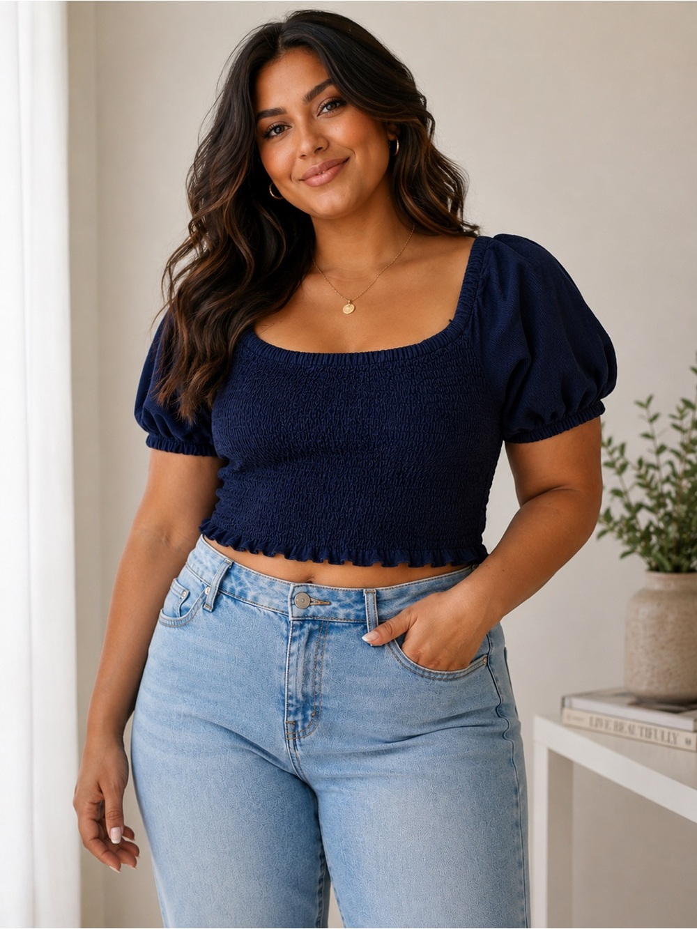 American Eagle Navy Smocked Puff Sleeve Crop Top Large